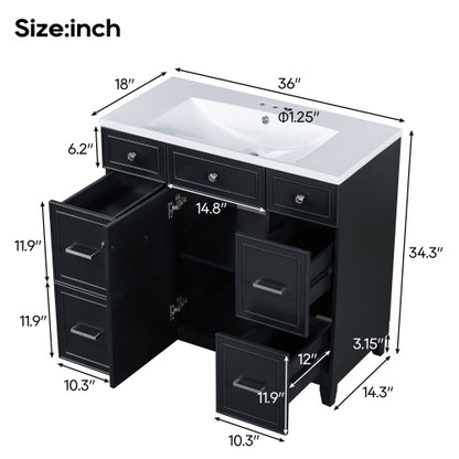 36 Zoll Badezimmerschrank mit Waschbecken-Kombinationsset, Schwarz, Einzelsenkbecken, Shaker-Schrank mit weich schließender Tür und 3 Schubladen