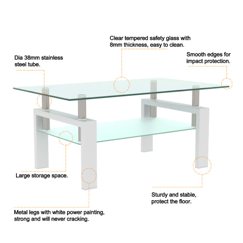 Weißer Couchtisch, Klarer Couchtisch, Moderne Beistelltische und Mittelstücke für das Wohnzimmer, Möbel für das Wohnzimmer