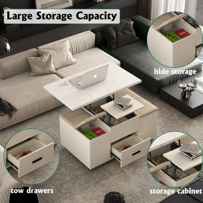 Moderner Klappbarer Couchtisch mit 4 Hocker-Set für das Wohnzimmer, ausziehbar, 1 versteckte Aufbewahrung, 2 Schubladen, platzsparender faltbarer Esstisch