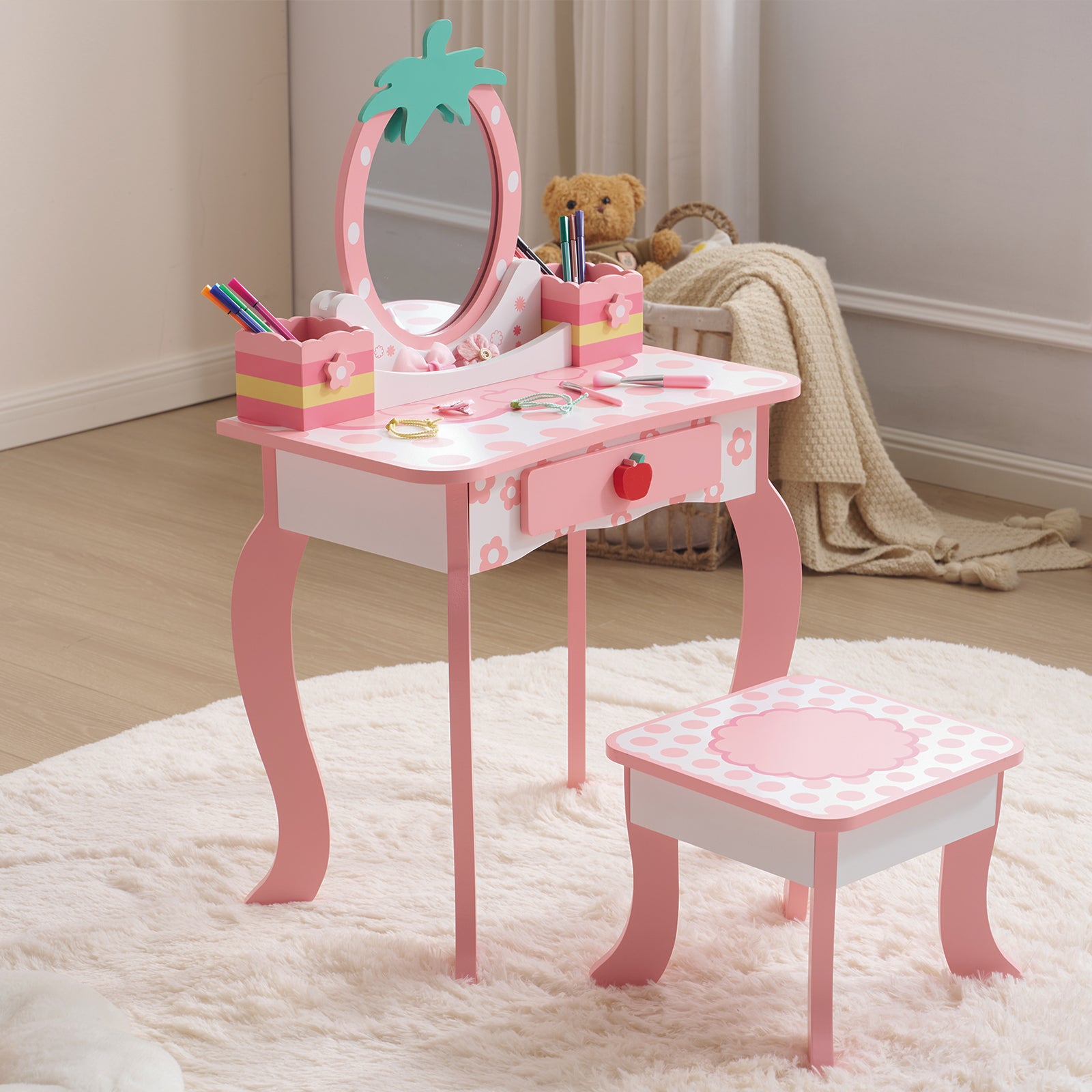 Weißes MDF, sprüh lackiertes 1-Schubladen-2-Arbeitsplatten-Speicherbox-Kinder-Ankleidetisch-Set mit Apfel-Druck