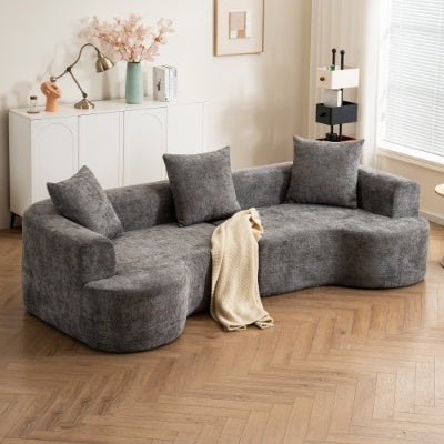 Moderner Stil-Gekrümmtes Sofa, Weiches Samtstoff-Sofa mit 3 Kissen, Wohnzimmer Milchweiß Ultra-Glatter Gekrümmter Stoffsofa