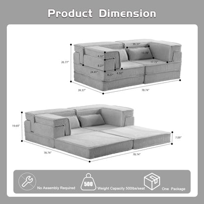 Kompressions-Mahjong-Sofa, umklappbares Boden-Sofabett, DIY knochenloses modulares Sektionssofa, keine Montage erforderlich, kreisförmiger Fleece-Stoff, modernes überdimensioniertes Zweiersofa, Hellgrau