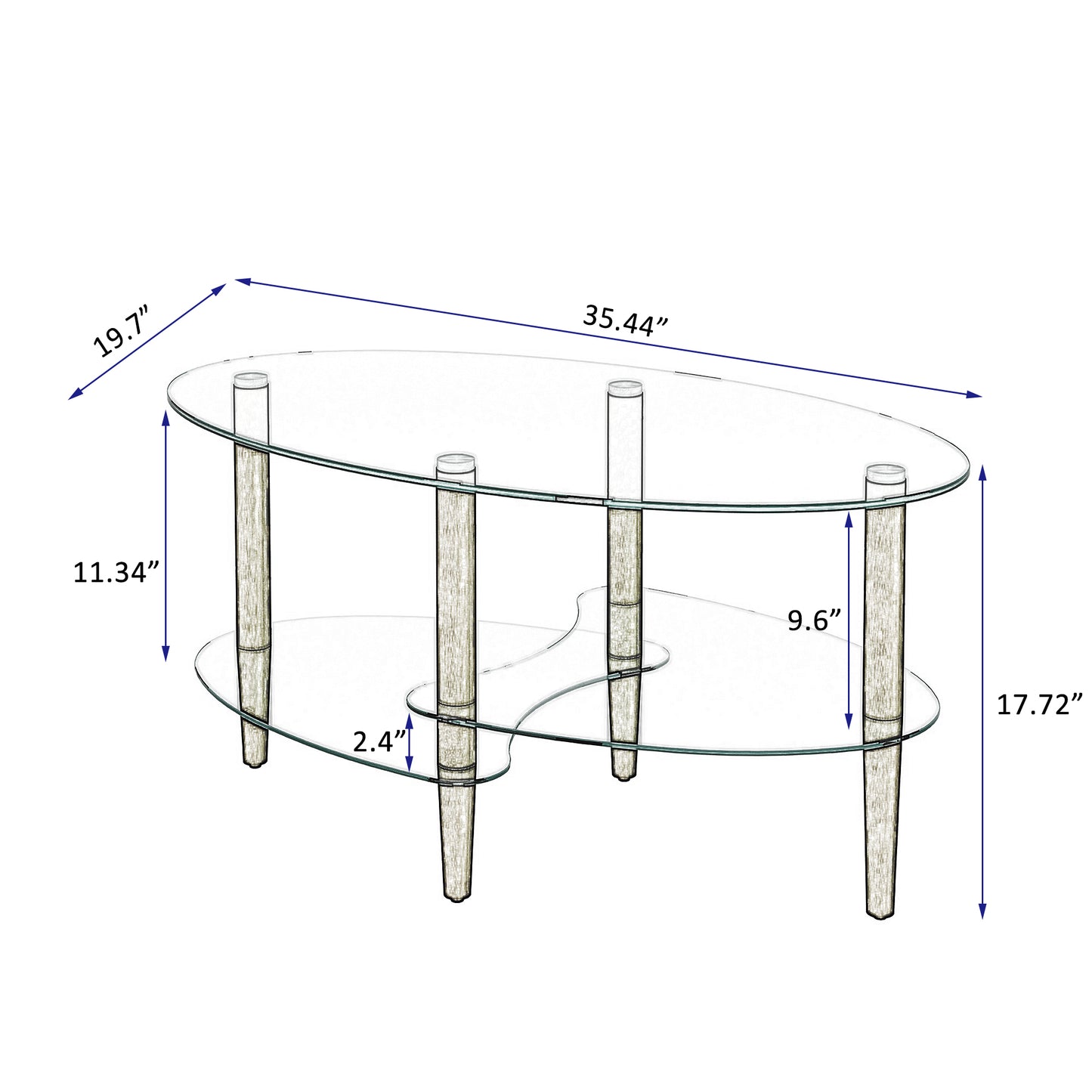 Transparenter ovaler Glastisch für den Wohnzimmerbereich, moderner Couchtisch, Couchtisch mit Eichenbeinen, dreilagiger Glastisch