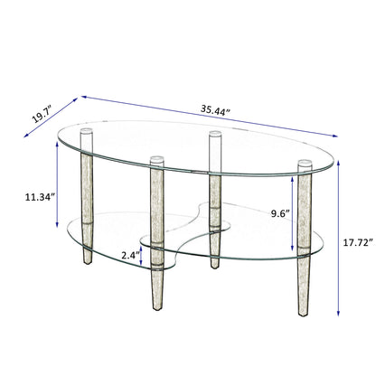 Transparenter ovaler Glastisch für den Wohnzimmerbereich, moderner Couchtisch, Couchtisch mit Eichenbeinen, dreilagiger Glastisch