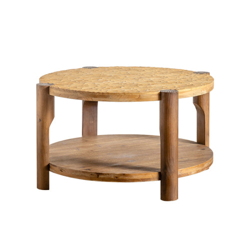 Runder Couchtisch aus Massivholz für das Wohnzimmer, 2-stufiger runder Couchtisch mit Stauraumregal, Couchtisch im Stil des Mid-Century Modern, für kleine Wohnräume im Zuhause, einfache Montage