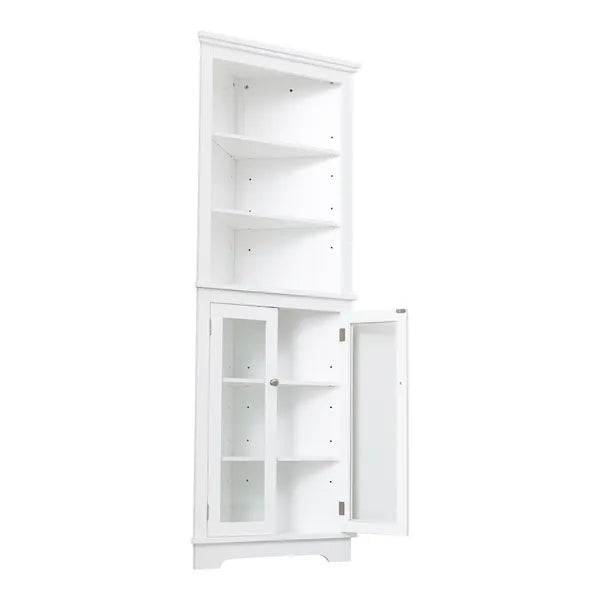 FRALIMK Mattweiß Hoher Eckschrank für die Ecke, Bodenspeicher Schmale Organisatoren mit Doppeltür aus Glas und einstellbaren Regalen