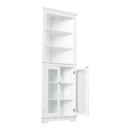 FRALIMK Mattweiß Hoher Eckschrank für die Ecke, Bodenspeicher Schmale Organisatoren mit Doppeltür aus Glas und einstellbaren Regalen