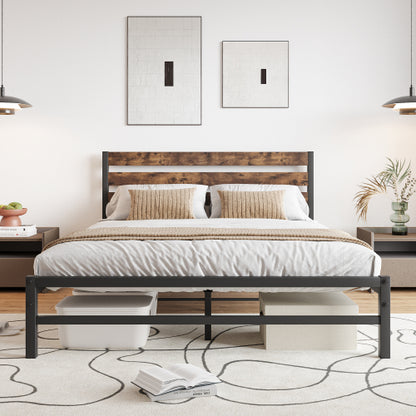 Queen-Size-Platform-Bettgestell mit rustikalem, vintage Holz-Kopfteil, starke Metallleisten stützen die Matratzenunterlage, keine Boxspring-Federkern erforderlich, rustikales Braun