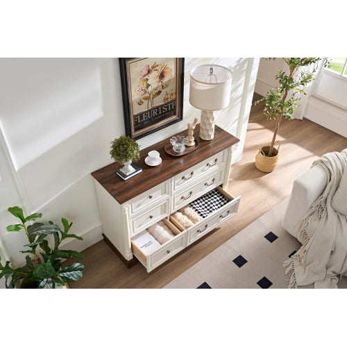 Landhaus-Stil 6-Schubladen-Kommode mit Sockel, Holzschnitzerei rustikale Schubladenkommode, Aufbewahrungskommode für Schlafzimmer, Wohnzimmer, schön robust und langlebig