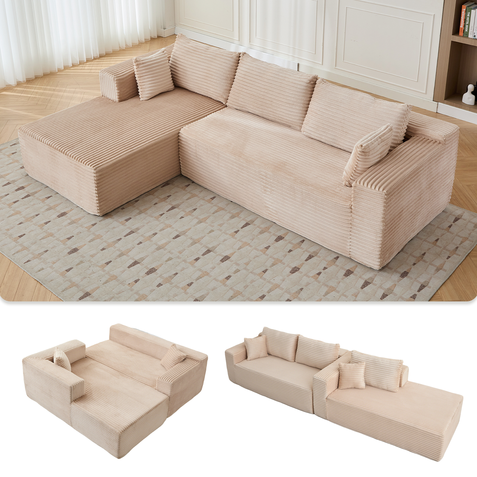 Beige Corduroy Sectional Sofa