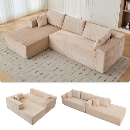 Kompressions-Sitzgruppen-Sofa mit bequemer Chaise, knochenloses L-förmiges Sofa mit tiefer Sitzfläche, minimalistisches modulares Schlafcouch-Sofa für Wohnzimmer, Schlafzimmer, Apartment und Lounge, Cord, Beige