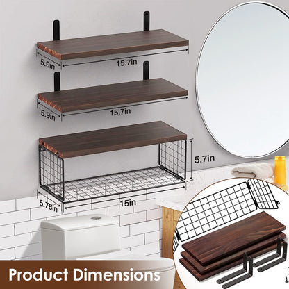 2 in 1 Wandregale mit Aufhängung und Stauraumbasket Badezimmerregale über der Toilette Holzregale für Schlafzimmer Wohnzimmer Küche Büro Wanddekoration Pflanzen