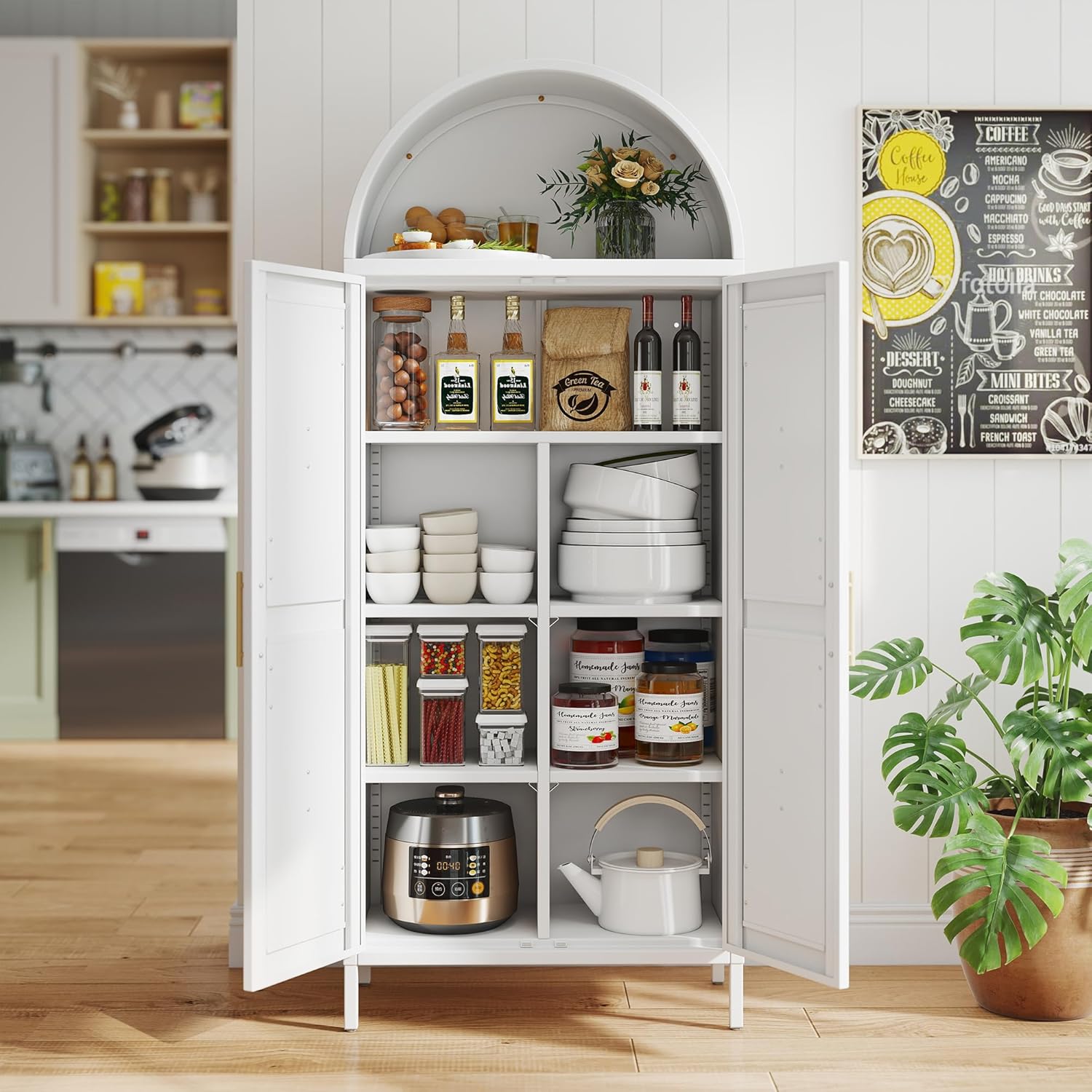 Weißer Küchen-Vorratsschrank, Gebogener Stauraumschrank mit Türen und einstellbaren Regalen, Hoher freistehender Schrank für Wäscheraum, Esszimmer, Wohnzimmer, Badezimmer