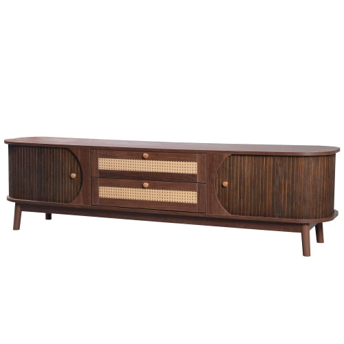 Rattan-Fernsehtisch für Fernseher bis 75 Zoll, modernes Bauernhaus-Medienkonsole, Unterhaltungszentrum mit massiven Holzbeinen, TV-Schrank für das Wohnzimmer, Heimkino