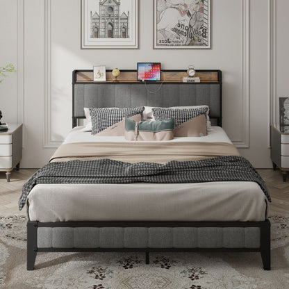 Bettgestell in Queensize mit Lade-Station, gepolstertem Kopfteil, Metallplattform, Grau