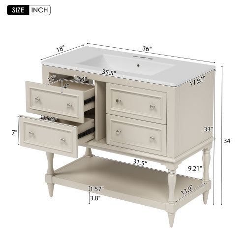 36'' Badezimmer-Waschständer mit Medizinschrank, moderner Spiegelschrank mit einstellbarem Regal, Badezimmer-Aufbewahrungsschrank mit 4 Schubladen, Badezimmer-Aufbewahrungsschrank mit massivem Holzrahmen
