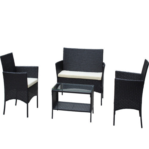 4er-PC-Rattan-Patio-Möbel-Set für den Außenbereich mit gepolsterten Sitzen Korbsofa Beige Polster