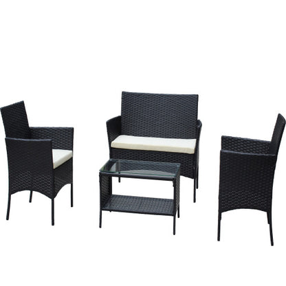 4er-PC-Rattan-Patio-Möbel-Set für den Außenbereich mit gepolsterten Sitzen Korbsofa Beige Polster