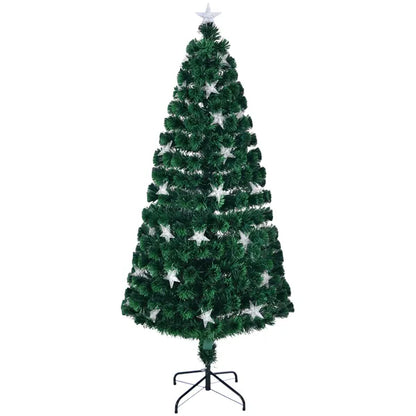 7FT Vorbeleuchteter Glasfaser-Weihnachtsbaum mit großen Sternen, Künstlicher Weihnachtsbaum Fichte grüner Baum mit Metallständer, Voller Baum für Feiertagsdekoration