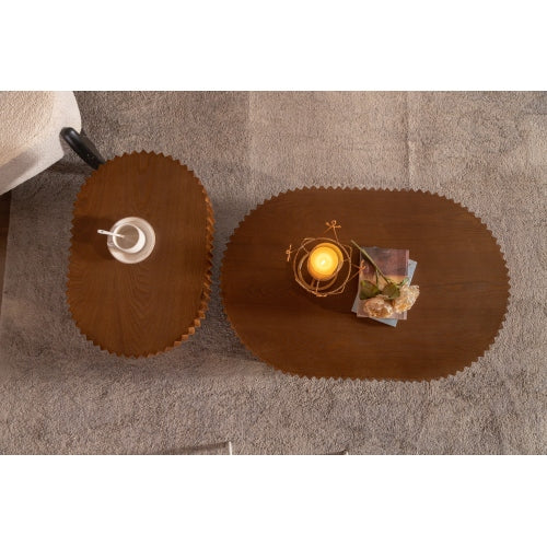 Handcraft Round Nesting Coffee Table Set Of 2, - Chic Wave Stripe Edge, Modern Stylish Wooden Circle Fluted Center Table For Living Room