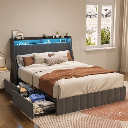 Bettgestell in Voller Größe mit LED, 4 Unterbett-Portable-Aufbewahrungsschubladen, Flügel-Kopfteil-Design