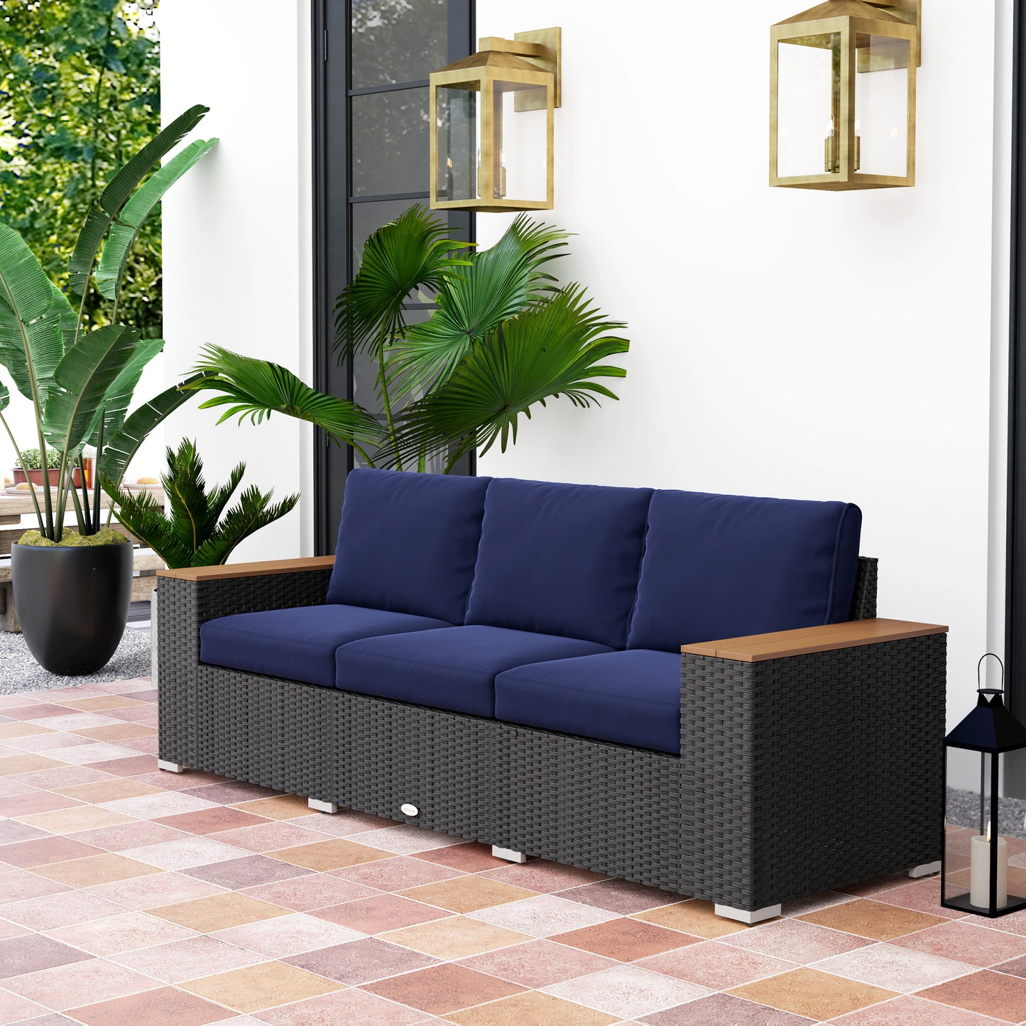 3-Sitziges Außenterrassen-Sofa mit Polstern, PE-Rattan-Geflecht-Sofa mit breiten Armlehnen, Outdoor-Geflecht-Couch, Marineblau