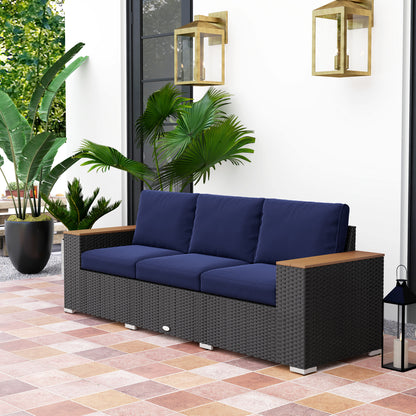 3-Sitziges Außenterrassen-Sofa mit Polstern, PE-Rattan-Geflecht-Sofa mit breiten Armlehnen, Outdoor-Geflecht-Couch, Marineblau