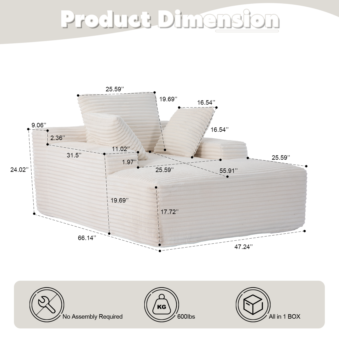 Überdimensionierter Chaiselongue-Sessel Gemütliches Wolken-Sofa, Modern mit Plüsch-Cord-Stoff Bezogenes Schlafsofa-Tagbett mit 3 Dekokissen und breiter Armlehne für das Wohnzimmer, Keine Montage erforderlich, Weiß