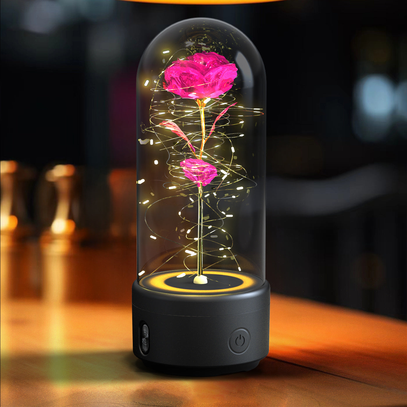 Kreatives 2-in-1 Rosenblumen-LED-Licht und Bluetooth-kompatibler Lautsprecher Valentinstag-Geschenk Rosenleuchtendes Nachtlicht-Ornament mit Glasabdeckung