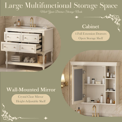 36'' Bathroom Vanity With Medicine Cabinet, Modern Mirror Cabinet With Adjustable Shelf, Bathroom Storage Cabinet With 4 Drawers, Solid Wood Frame Bathroom Storage Cabinet