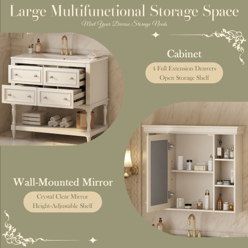 36'' Badezimmer-Waschständer mit Medizinschrank, moderner Spiegelschrank mit einstellbarem Regal, Badezimmer-Aufbewahrungsschrank mit 4 Schubladen, Badezimmer-Aufbewahrungsschrank mit massivem Holzrahmen