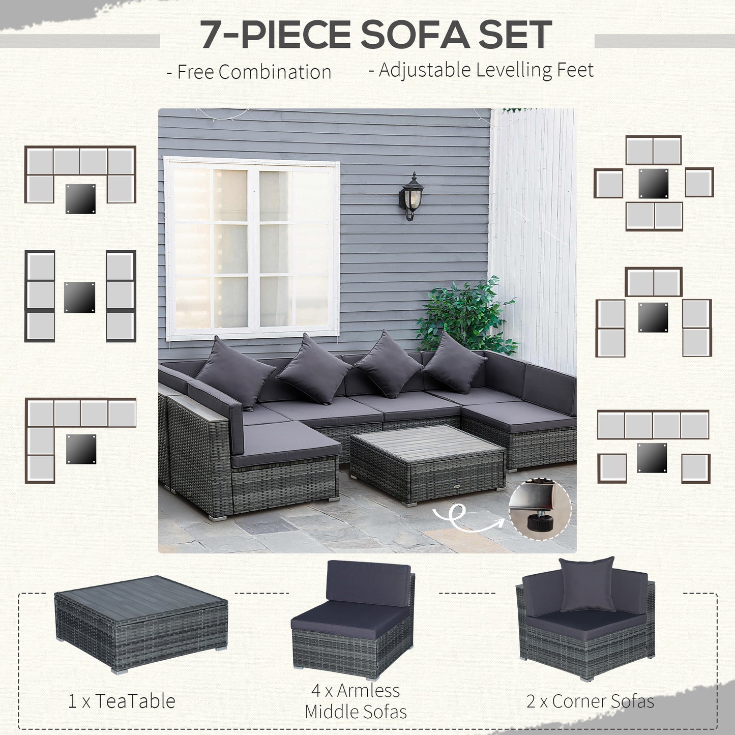 7-teiliges Patio-Möbel-Set PE-Rattan-Sofagarnitur Outdoor-Gesprächsset mit Akazien-Oberfläche Kaffeetisch & Sitzkissen für Garten, Hinterhof, Grau