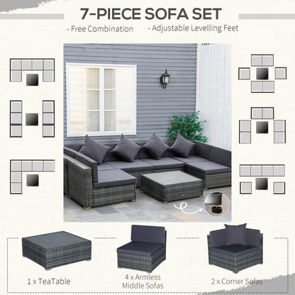 7-teiliges Patio-Möbel-Set PE-Rattan-Sofagarnitur Outdoor-Gesprächsset mit Akazien-Oberfläche Kaffeetisch & Sitzkissen für Garten, Hinterhof, Grau