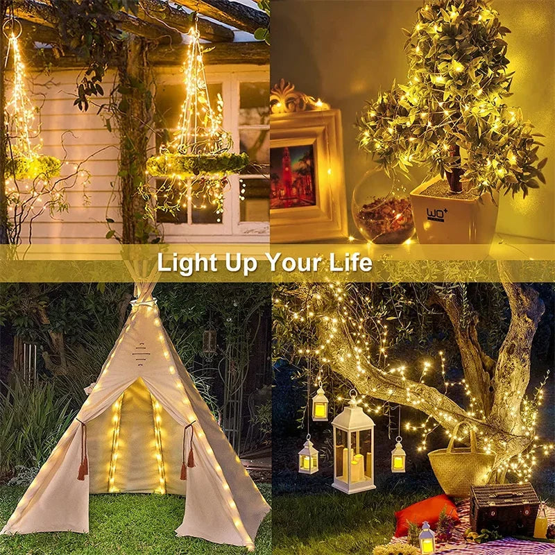 Warm white led solar string fairy lights with waterproof design for indoor outdoor use in patios gardens and weddings