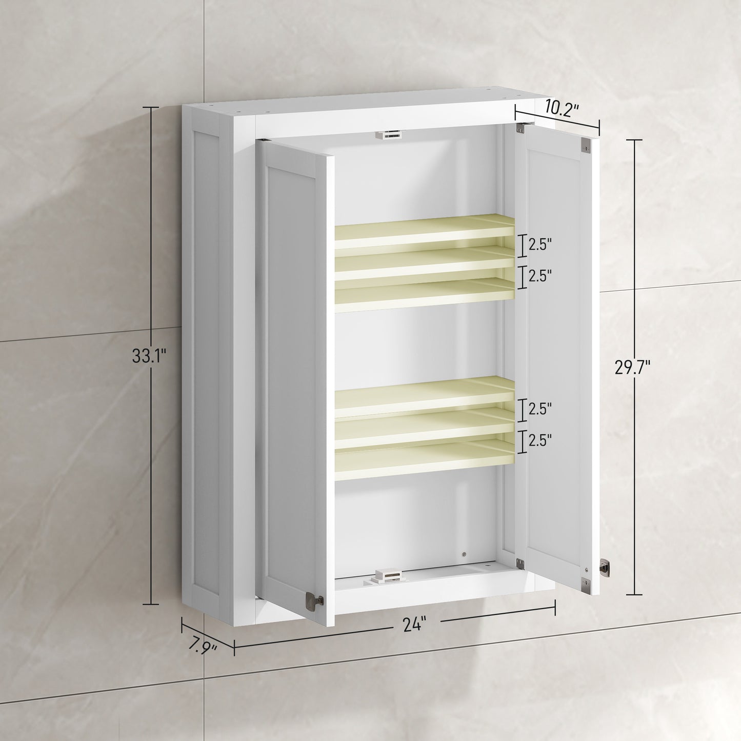 Badezimmerschrank Wandmontiert, Moderner Badezimmerschrank an der Wand mit 2 Türen und 2 einstellbaren Regalen, Weiß