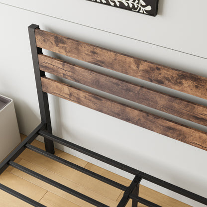 Vollgrößiges Plattform-Bettgestell mit rustikalem Vintage-Holz-Kopfteil, starke Metallleisten stützen die Matratzenunterlage, keine Boxspring-Federkern erforderlich, rustikales Braun