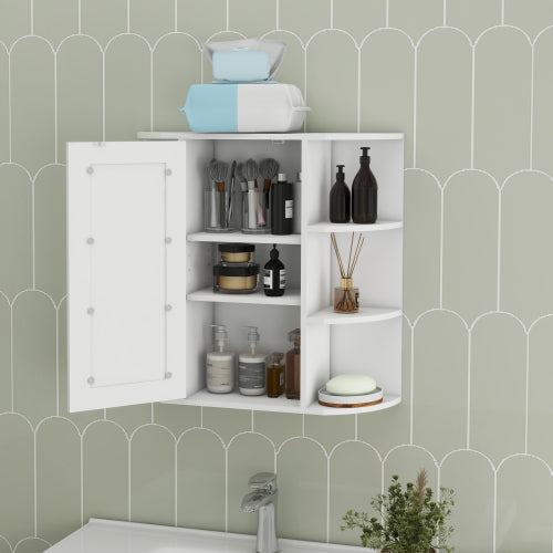 Wandmontierter Badezimmerschrank mit Spiegeltür, 6 offene Regale, 3 verstellbare Badezimmerschäume für Wohnzimmer, Waschraum, Schlafzimmer - Weiß