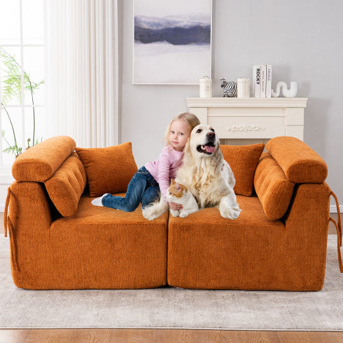 LY-029 ORANGE KOMPRESSIONS-SOFA 4-Sitzer Kombiniertes Sofa, Holzmaserung-Chenille-Stoff, Voll-Schwamm-Kompressionssofa, kombiniertes Sofa mit 2 Kissen für Wohnzimmer Möbel Wohnung