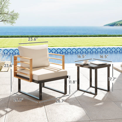 3-teiliges Metall-Bistro-Set, kleines Patio-Möbelset mit Polstern, Sessel, Lamellentisch für Hinterhof-Balkon, Beige