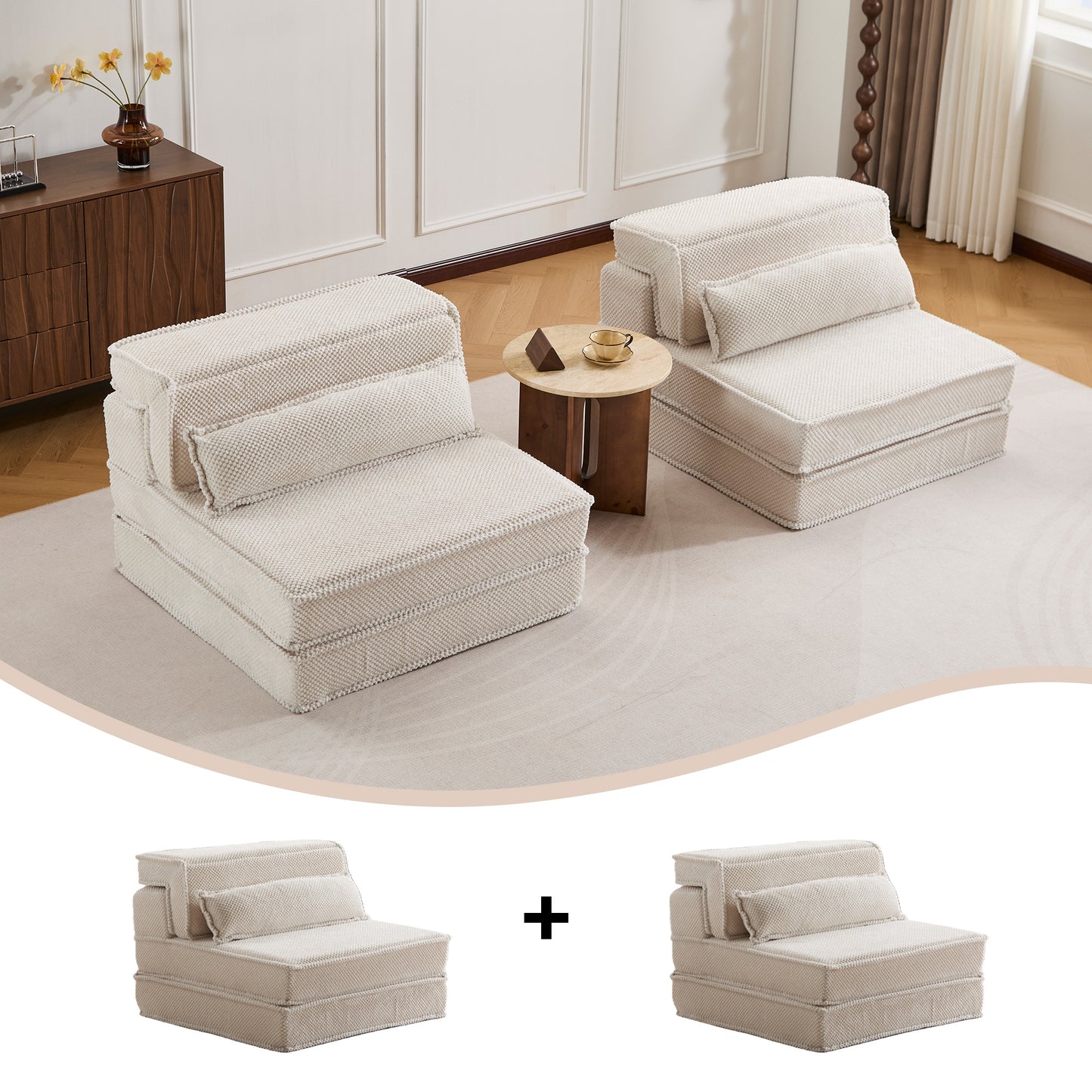 Kompressions-Mahjong-Sofa, umklappbares Boden-Sofabett, DIY knochenloses modulares Sektionssofa, keine Montage erforderlich, Kreis-Fleece-Stoff, überdimensioniertes 2-Sitzer-Sofa mit 2 Kissen, Weiß