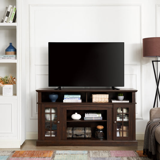 Klassisches TV-Media-Ständer Modernes Entertainment-Konsolenregal für TVs bis 65 Zoll mit offenen und geschlossenen Stauraumfächern, Espresso, 58,25Bx39,7Tx81,3H