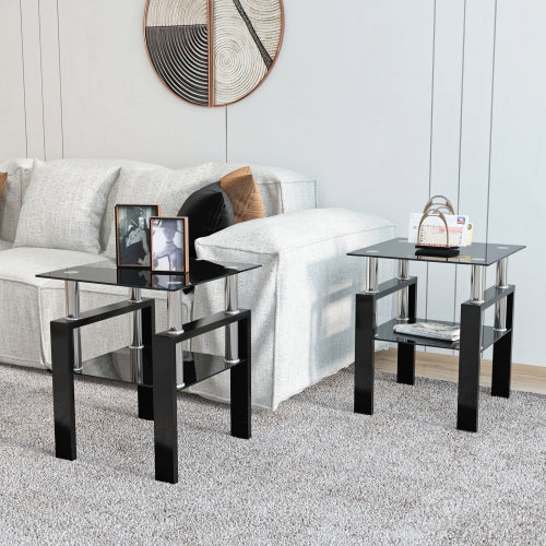 Set aus 2, Modernes Temperglas-Teetisch Couchtisch Beistelltisch, Quadratischer Tisch für das Wohnzimmer, Schwarz