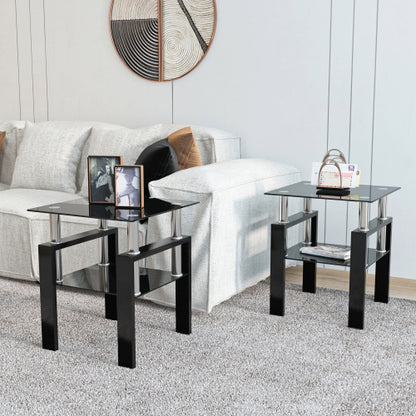 Set aus 2, Modernes Temperglas-Teetisch Couchtisch Beistelltisch, Quadratischer Tisch für das Wohnzimmer, Schwarz