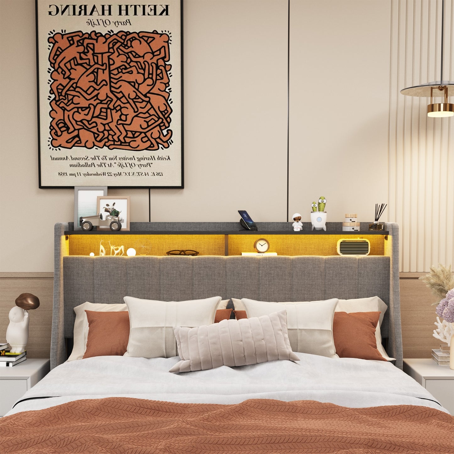Bettgestell in Queensize mit LED, Stauraum-Schubladen, Flügel-Kopfteil - Hellgrau