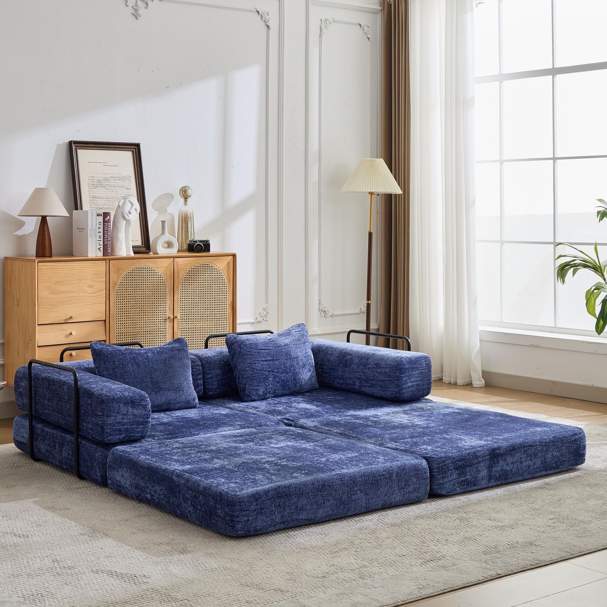 Kompressions-Sofa, umklappbares Boden-Sofa-Bett mit feststehendem Rahmen, Sessel knochenloses modulares Sektionssofa, keine Montage erforderlich, Chenille-Stoff, für Wohnzimmer und Schlafzimmer, Dunkelblau