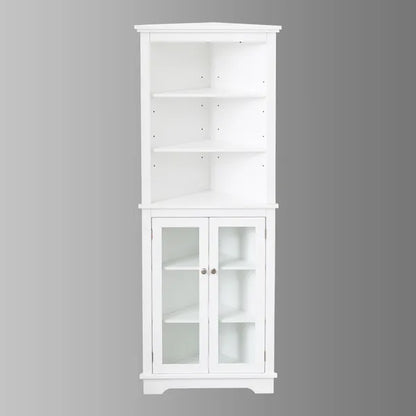 FRALIMK Mattweiß Hoher Eckschrank für die Ecke, Bodenspeicher Schmale Organisatoren mit Doppeltür aus Glas und einstellbaren Regalen
