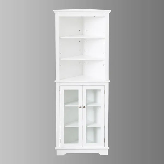 FRALIMK Mattweiß Hoher Eckschrank für die Ecke, Bodenspeicher Schmale Organisatoren mit Doppeltür aus Glas und einstellbaren Regalen