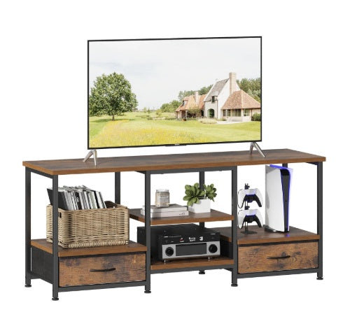 TV-Ständer mit 2 Stoffschubladen, integrierte Steckdose – ideal für Wohnzimmer und Schlafzimmer