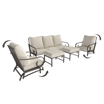 5-teiliges Gartenpatio-Möbelset, Outdoor-Möbelset mit 2 Schaukelstühlen, 3-Sitzer-Sofa und 2 Hocker, Beige