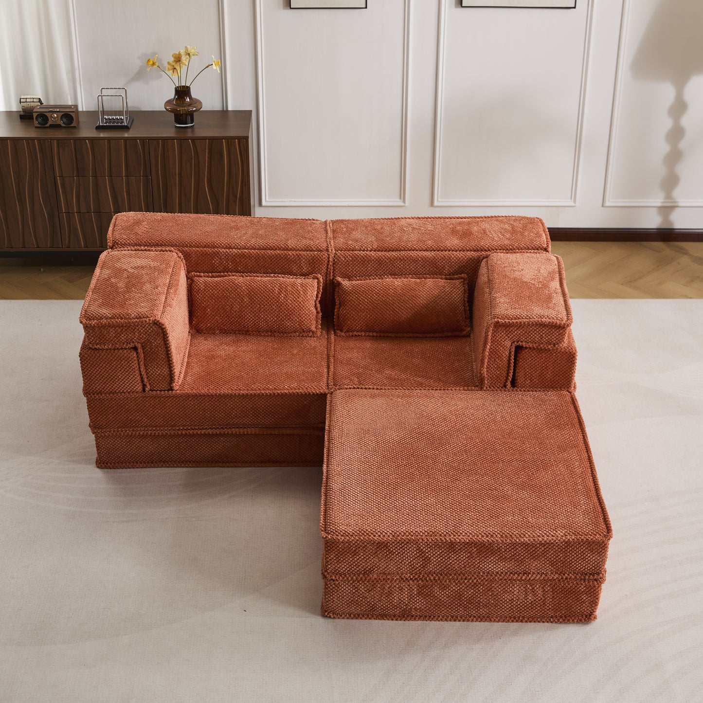 Kompressions-Mahjong-Sofa, umklappbares Boden-Sofabett, DIY knochenloses modulares Sektionssofa, keine Montage erforderlich, Kreisförmiger Fleece-Stoff, überdimensioniertes 2-Sitzer-Sofa mit 1 Hocker, Orange